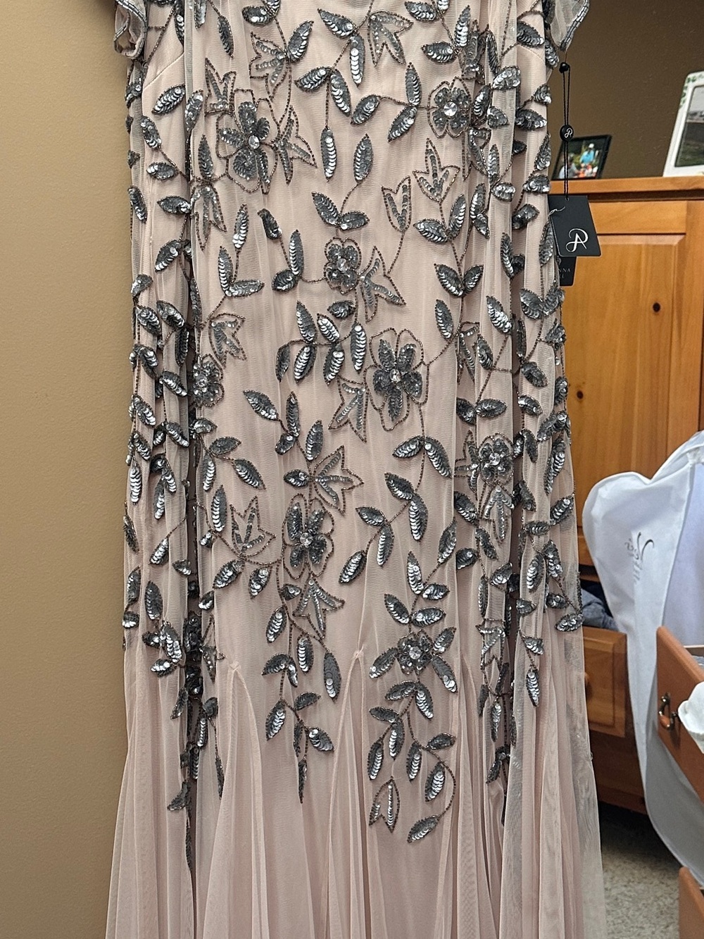 Adrianna Papell Nude Tulle Gown with Silver Sequin Floral Embroidery
